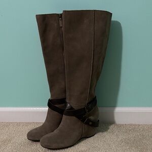 Franco Sarto Taupe Heeled Boots with Black Strap